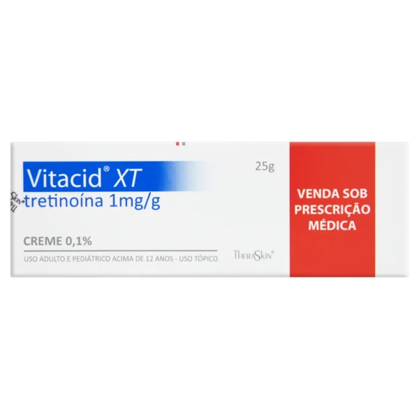 O Vitacid XT é um creme dermatológico amplamente utilizado para o tratamento de manchas, rugas finas e sinais de envelhecimento da pele. Ele combina três ingredientes ativos altamente eficazes: tretinoína, ácido tranexâmico e nicotinamida, que atuam de forma sinérgica para promover a renovação celular e uniformizar o tom da pele. A tretinoína é um derivado da vitamina A que estimula a renovação celular, reduzindo a aparência de rugas e melhorando a textura da pele. Além disso, contribui para a produção de colágeno, proporcionando mais firmeza e elasticidade. O ácido tranexâmico, por sua vez, tem propriedades clareadoras que ajudam a reduzir manchas escuras causadas por hiperpigmentação, melasma e exposição solar. Já a nicotinamida (ou niacinamida) é um potente anti-inflamatório que auxilia na hidratação, melhora a barreira cutânea e reduz a vermelhidão, tornando o tratamento mais tolerável. Esse produto é indicado especialmente para pessoas que buscam uniformização da pele, redução de manchas e melhora na aparência do fotoenvelhecimento. No entanto, seu uso deve ser orientado por um dermatologista, pois a tretinoína pode causar descamação, sensibilidade e vermelhidão, especialmente no início do tratamento. O ideal é aplicá-lo à noite, em pequena quantidade, e sempre utilizar protetor solar durante o dia para evitar efeitos adversos. Com o uso contínuo e adequado, o Vitacid XT promove uma pele mais saudável, radiante e rejuvenescida. É um excelente aliado para quem deseja um tratamento eficaz contra manchas e sinais do envelhecimento, garantindo resultados progressivos e visíveis com o tempo.